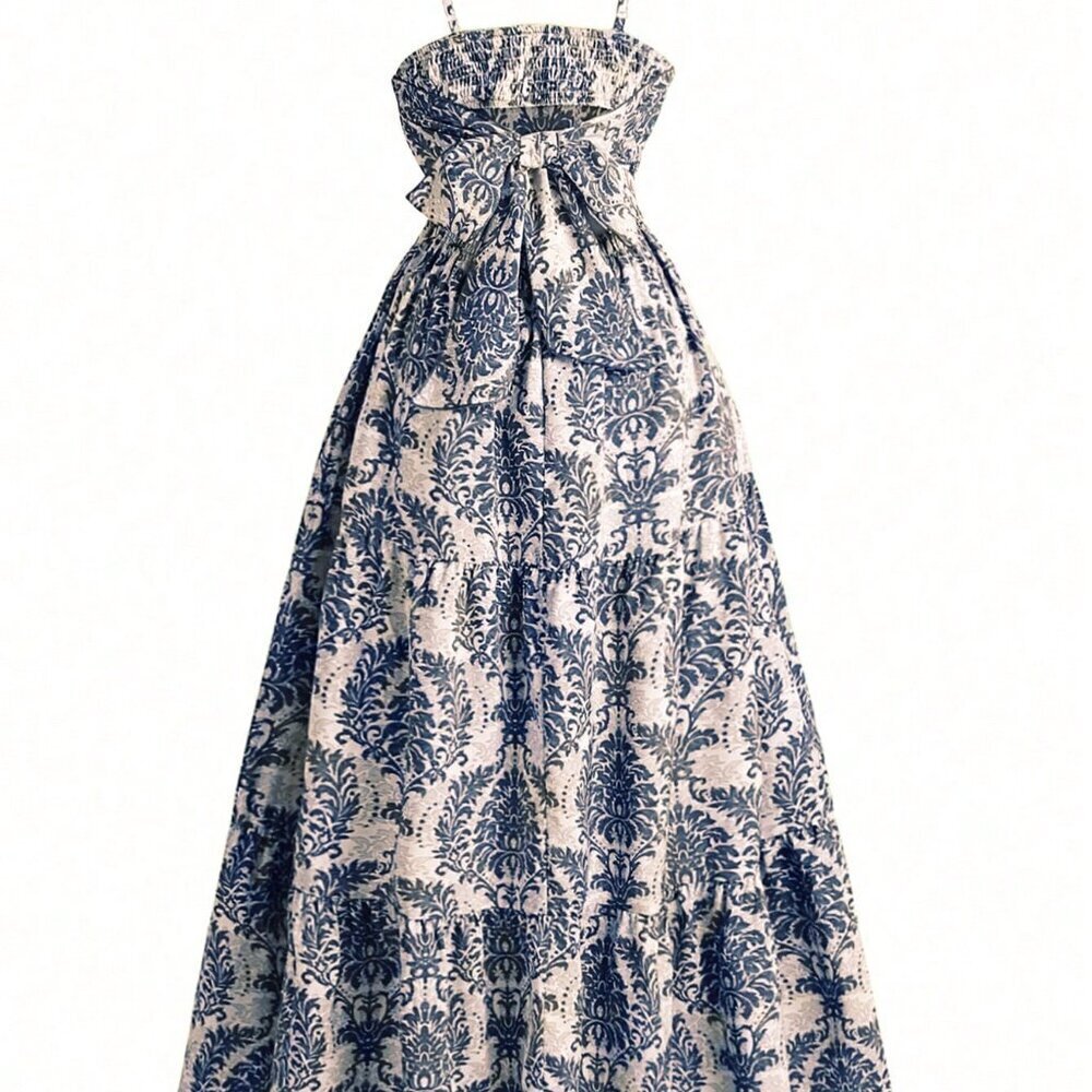 Blue Boho Women's Leisure Holiday Full Printed Pleated Tie Waist Strap Dress - Picture 2 of 8